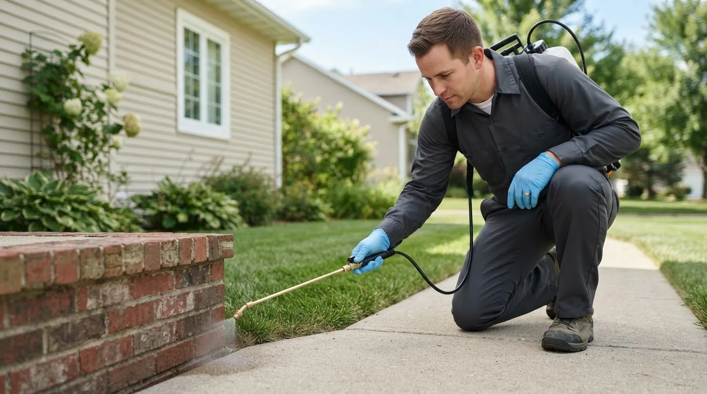 Pest control technician treating a home near Albion, OK