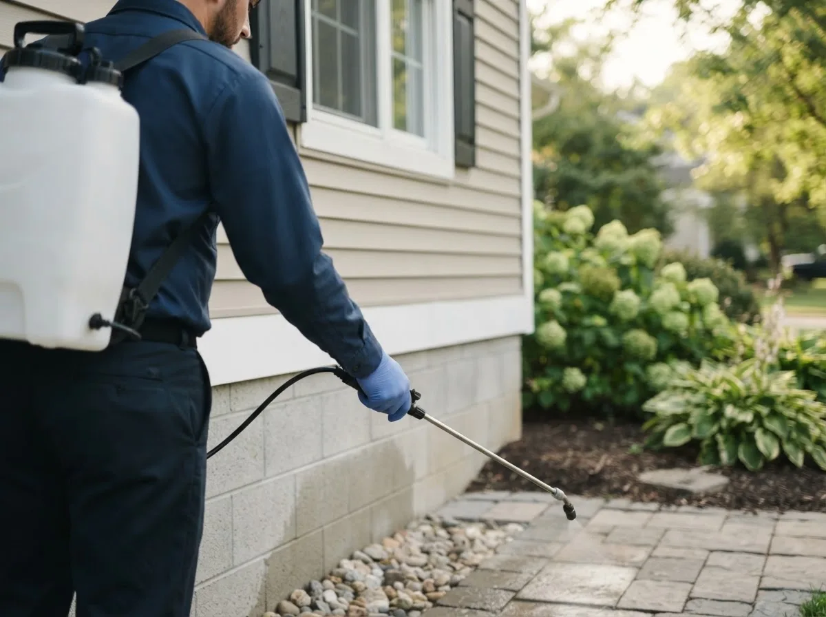 Pest control technician inspecting a home in Albion, OK